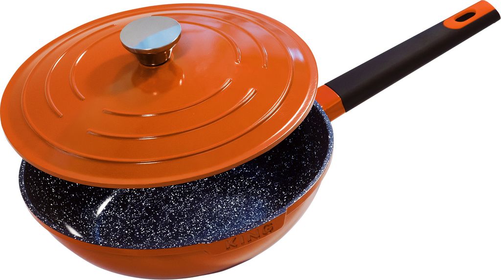 Ø28cm Hochpfanne / WOK-Pfanne ca. 8cm hoch KING SHINE ORANGE aus Aluguss mit Keramikbeschichtung Innen: FUSION TI / mit Deckel / mit Soft-Grip P...