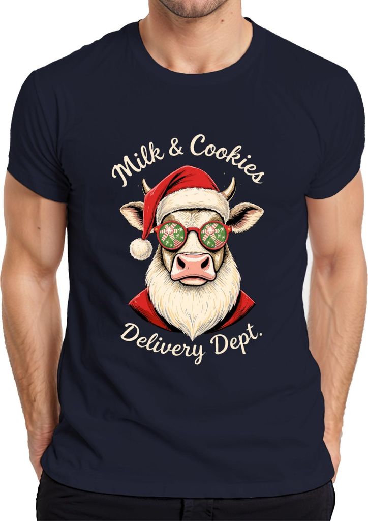 Milk & Cookies Delivery Dept Weihnachtskuh Brille Lustig Herren T-Shirt, Navy, XL