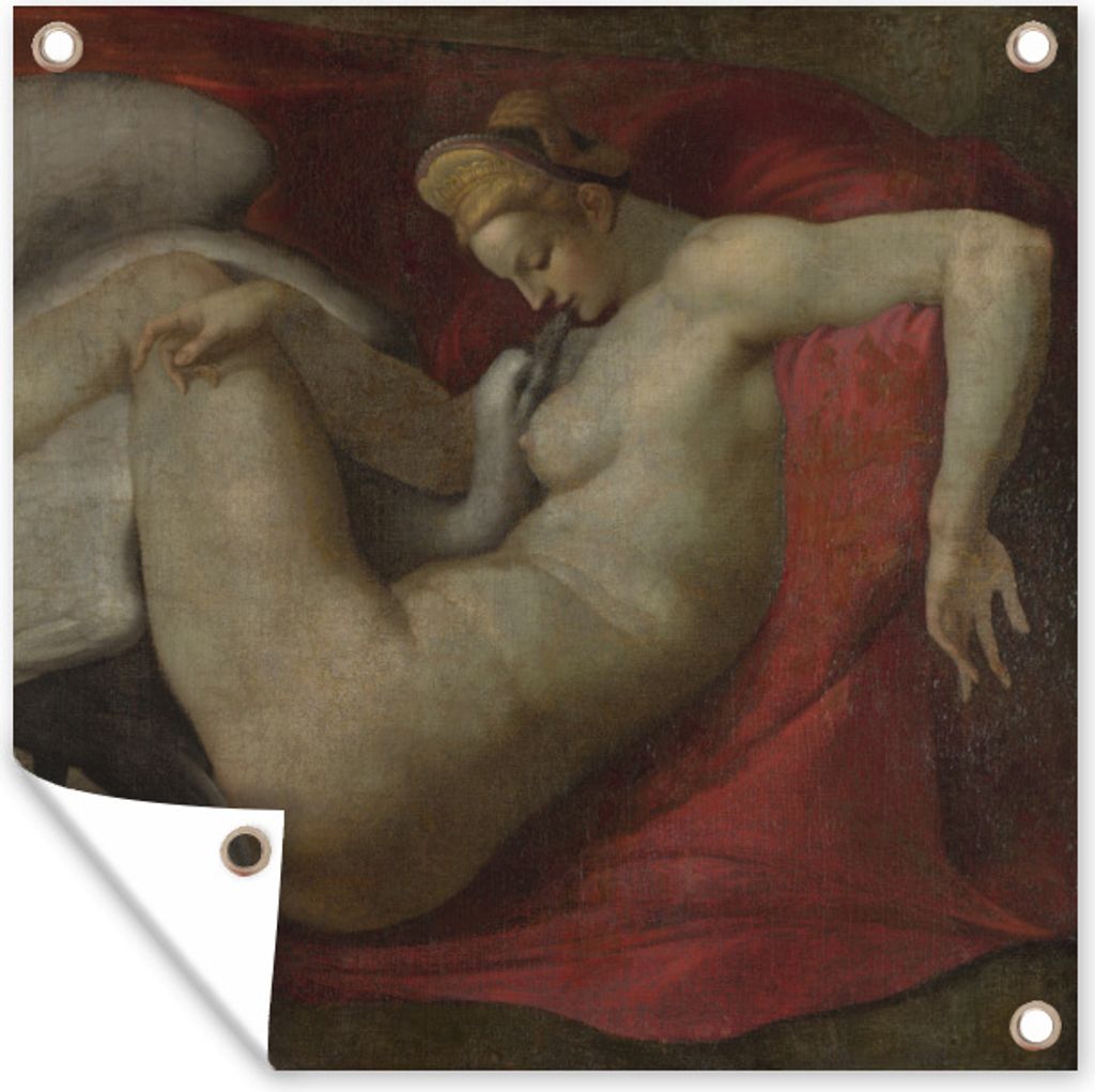 MuchoWow 100x100 cm Outdoor-Poster Gartendeko Sichtschutz Garten Poster für den Garten Leda und der Schwan - Michelangelo