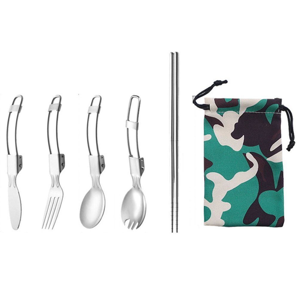 1 Set Campinggeschirr, leicht zu tragen, Edelstahl, Outdoor-Picknick, tragbares Klappbesteck mit Aufbewahrungstasche für den täglichen Gebrauch, ...