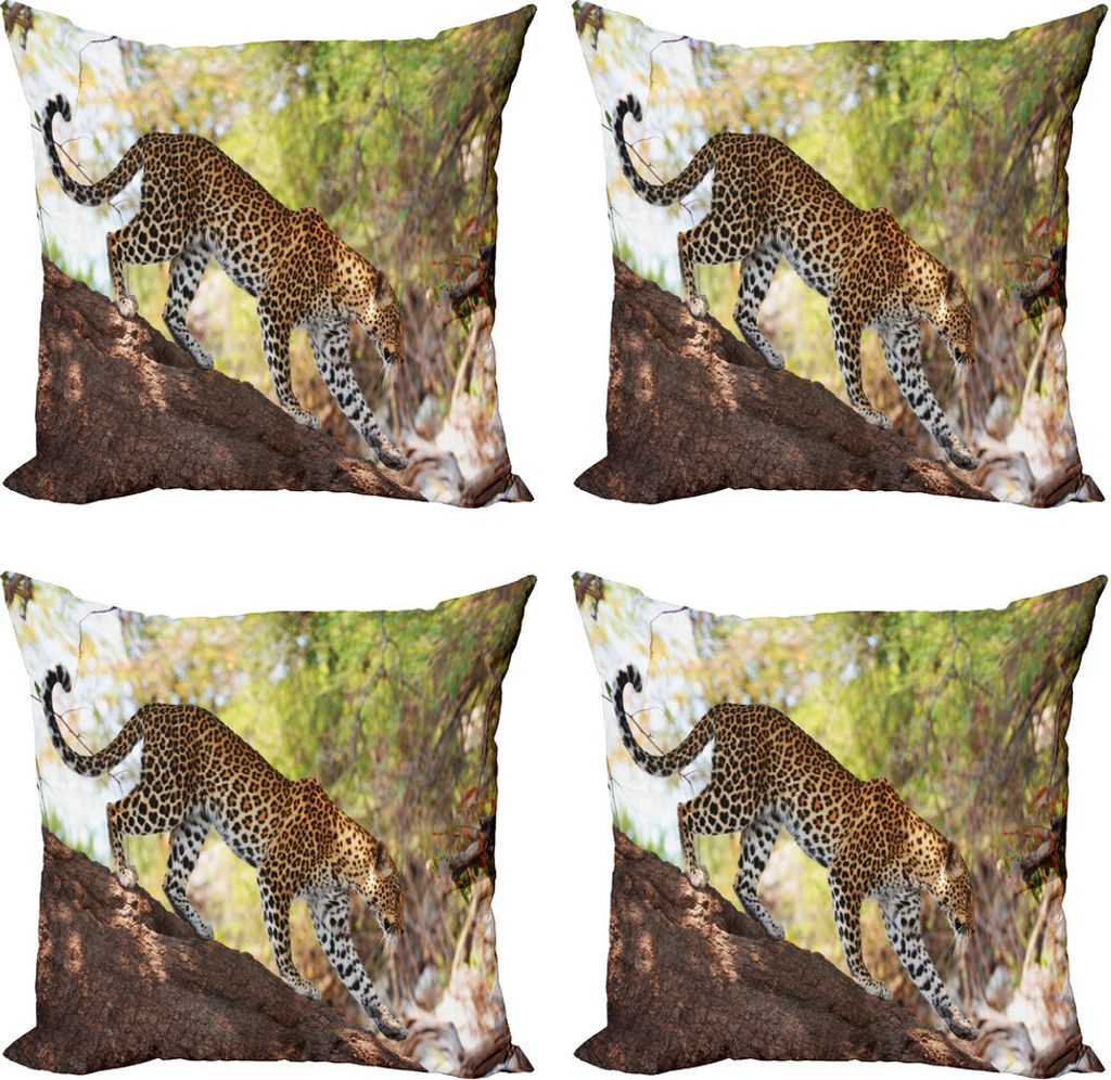 ABAKUHAUS Zoo Kissenbezug Set (4 Stück), Leopard Baum Nature Reserve, Moderner Doppelseitiger Digitaldruck, 40 cm x 40 cm, Grün Hellbraun Weiß