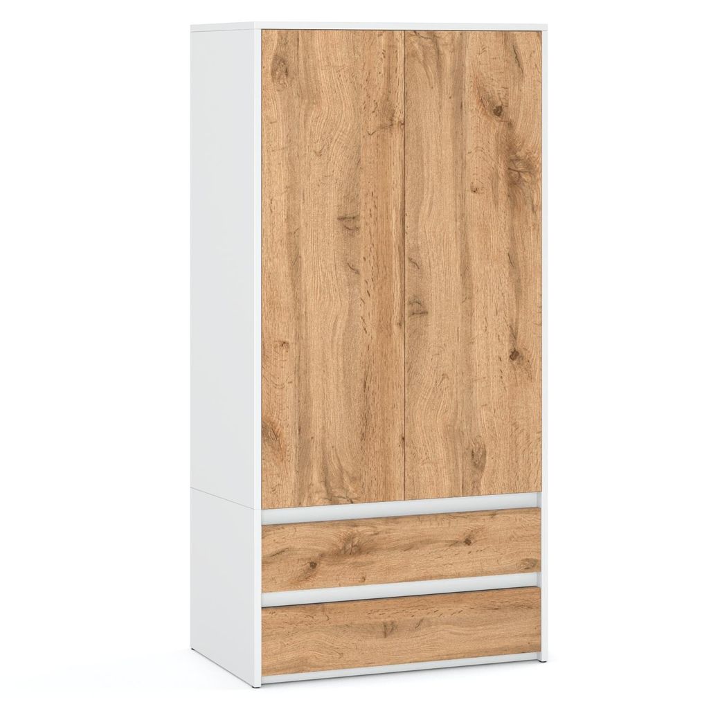 STIV Möbel | Kleiderschrank Weiß Matt/Eiche Wotan 90x50x180 cm | 2 Türen & 2 Schubladen | Modern mit Holzoptik