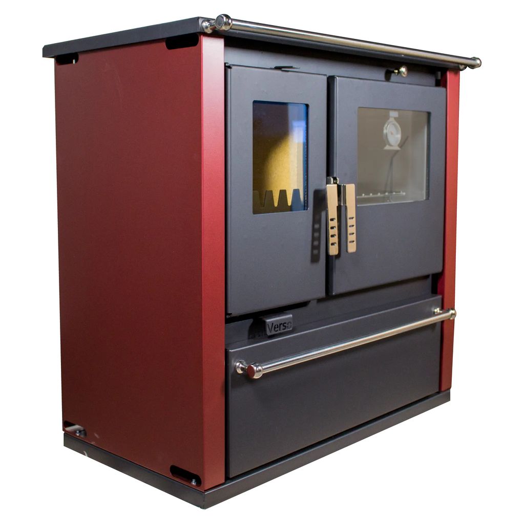 A product shot of a red and black wood-burning stove with a silver handle and trim, set against a white background.