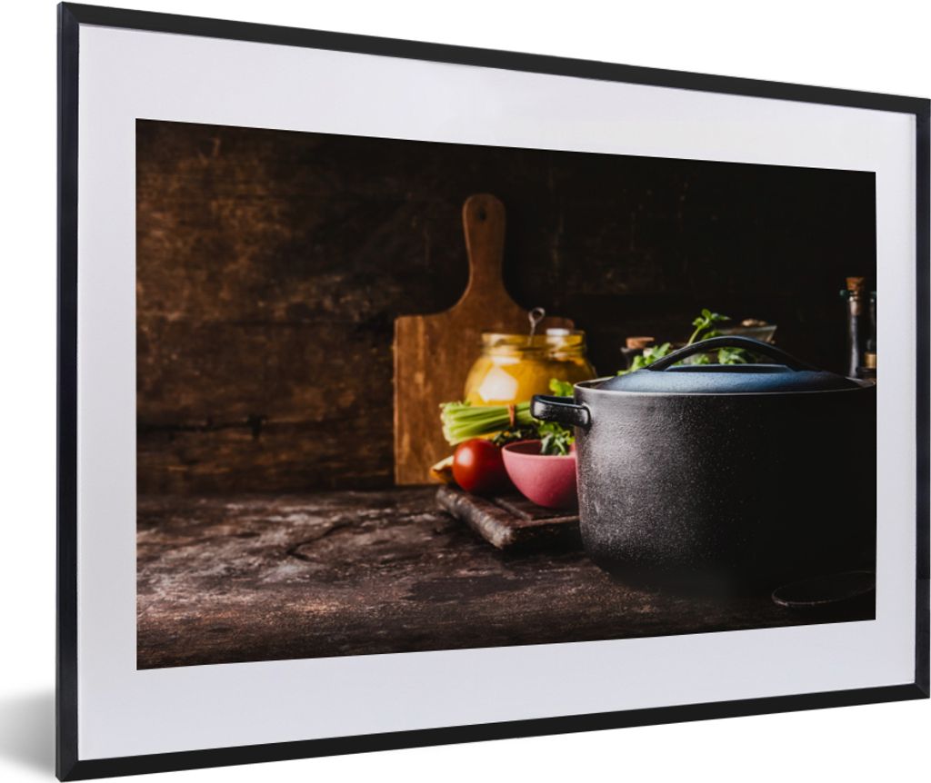 MuchoWow Gerahmtes Poster Rustikal - Stilleben - Pfanne - Gemüse 60x40 cm - Poster mit Schwarzem Bilderrahmen Wandposter Rahmen Foto Bilder - Sc...