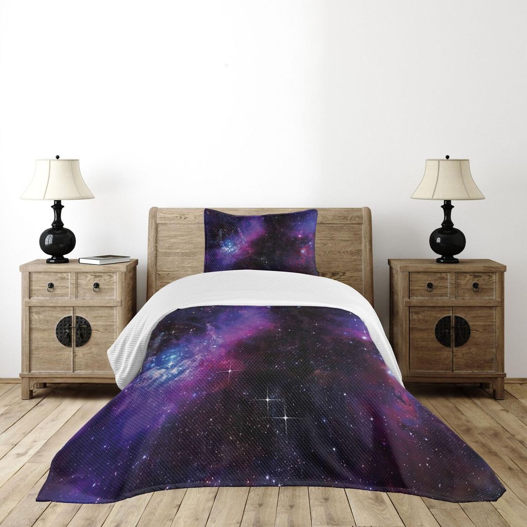 ABAKUHAUS Platz Tagesdecke Set, Nebula Dunkel Galaxie mit Sternen und kosmischen Strahlen Astronomie, 170 x 220 cm, Magenta Blau