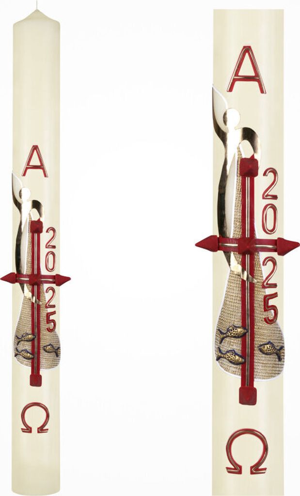 Osterkerze, verziert mit der aktuellen Jahreszahl. Die hochwertige Altarkerze stammt und enthält 10 % Bienenwachs. Sie ist in der Farbe Elfenbein ...