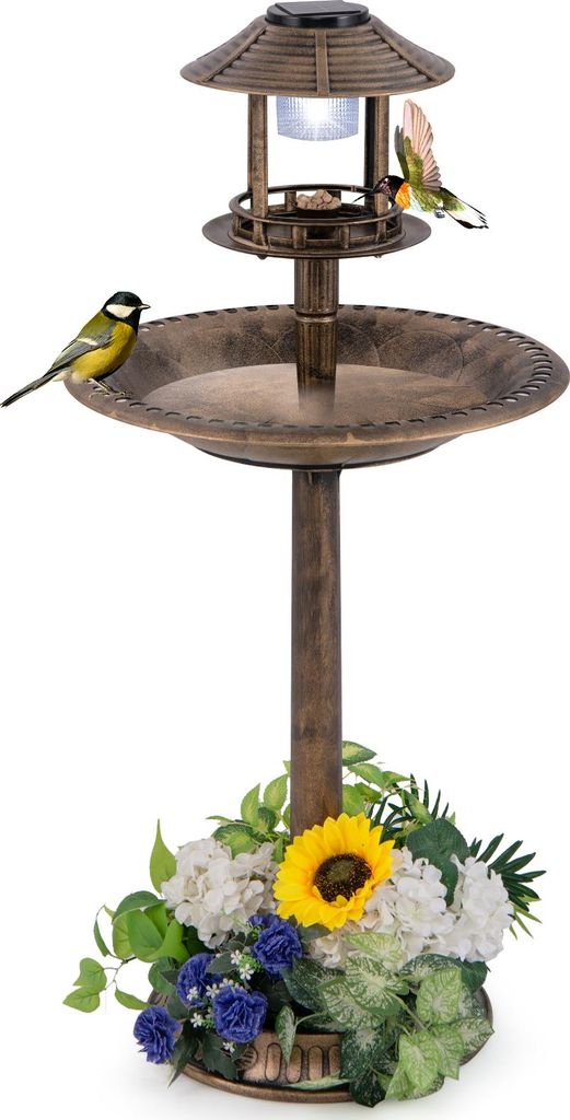 GOPLUS Vogeltränke stehend, Vogelbad Retro mit Solarlicht, Vogelbrunnen Winterfest mit Blumenpflanzer, Garten Tränke Bad für Wildvögel, Antik-B...