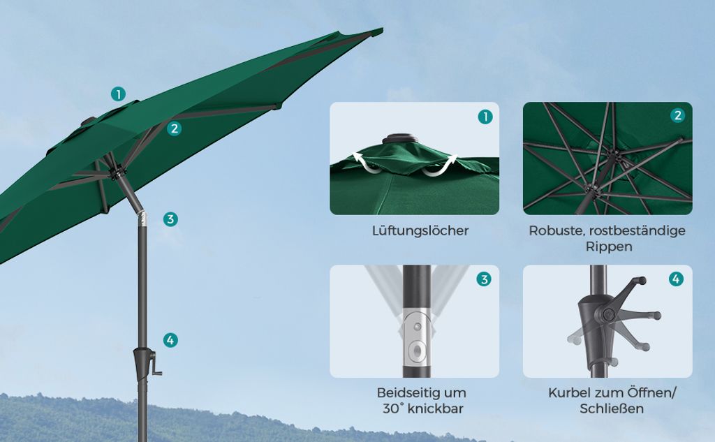 SONGMICS Sonnenschirm Ø300 cm UPF 50+ beidseitig um 30° Produktbild 8