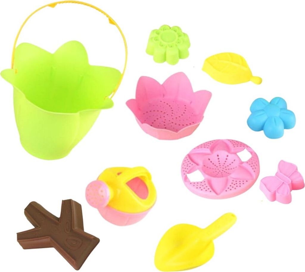 Frühlings Sandkastenspielzeug Set: Schaufel, Eimer (27 cm), Sandförmchen, Gießkanne, Siebe mit Naturmotiven