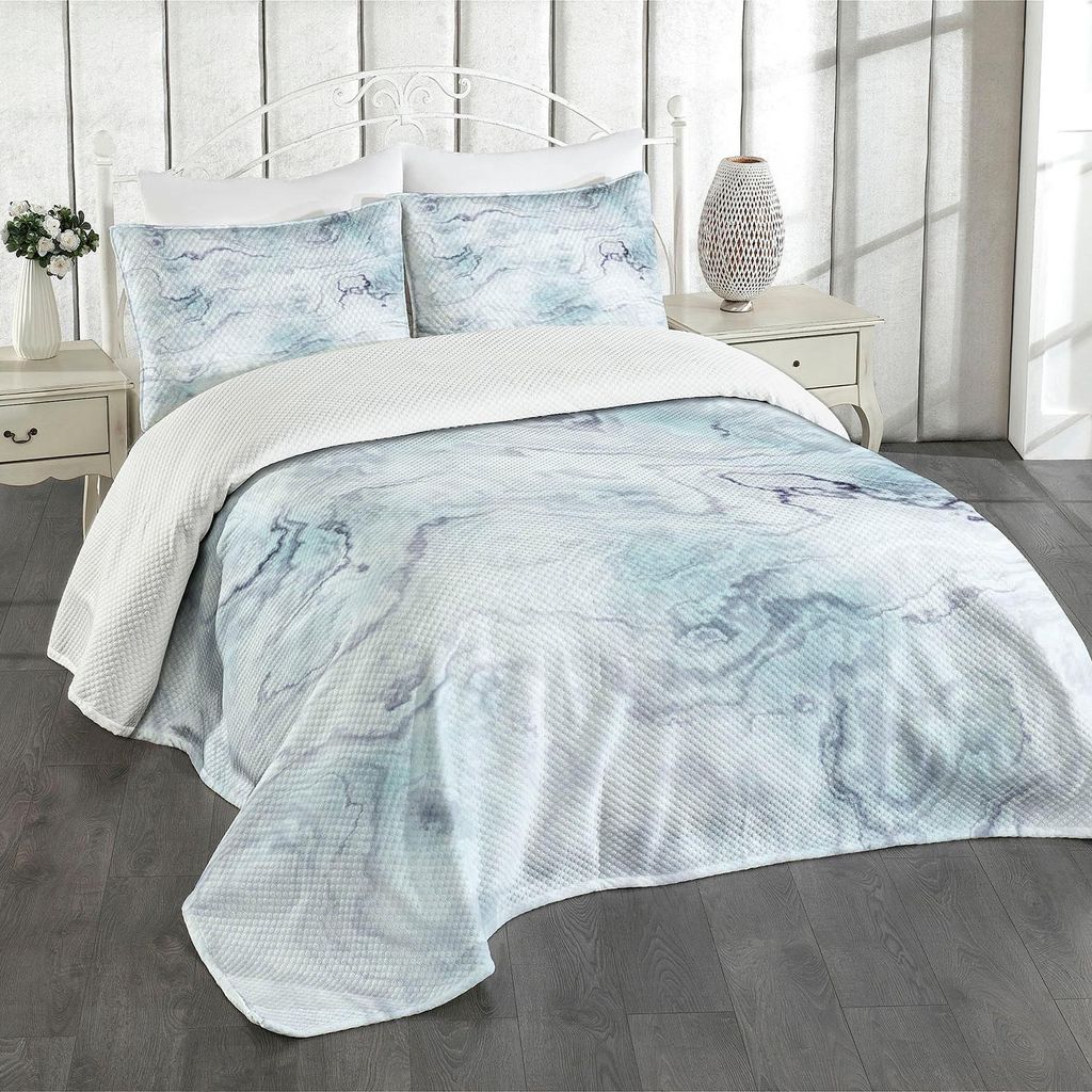 ABAKUHAUS Marmor Tagesdecke Set, Türkisch Marmor Papier Alt Klassisches Muster in Soft Pastell Töne, 264 x 220 cm, Hellblau Grau