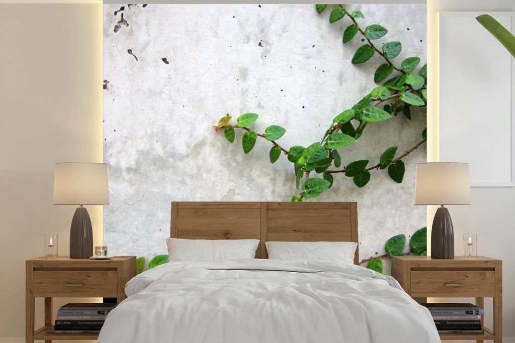 MuchoWow Fototapete für Wohnzimmer oder Schlafzimmer Wandtapete Vinyl Motivtapete Kletterpflanzen an einer Betonwand - 350x350 cm - Schlafzimmer...