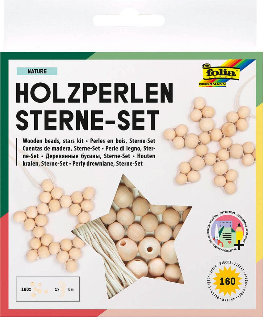 folia Holzperlen Sterne-Set NATURE 161-teilig