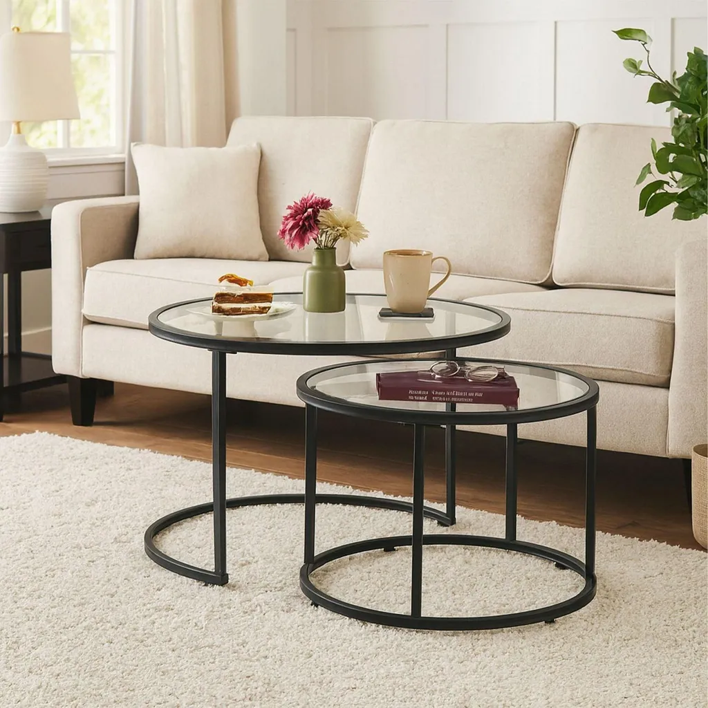 Lot de 2 tables gigognes design industriel verre et métal - Gain de place