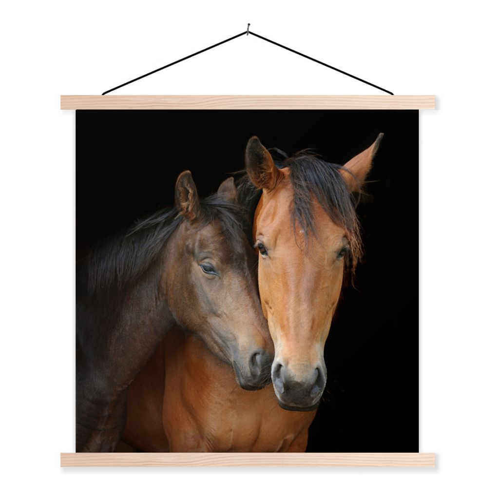 MuchoWow Textilposter Pferde - Liebe - Braun 40x40 cm mit holzfarbenen Rahmen - Posterleiste