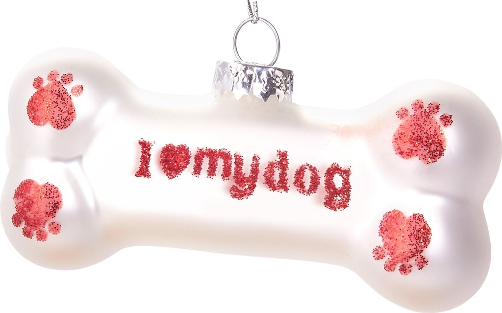 A white bone-shaped Christmas ornament with red paw prints and the text "I ❤️ my dog" written on it.