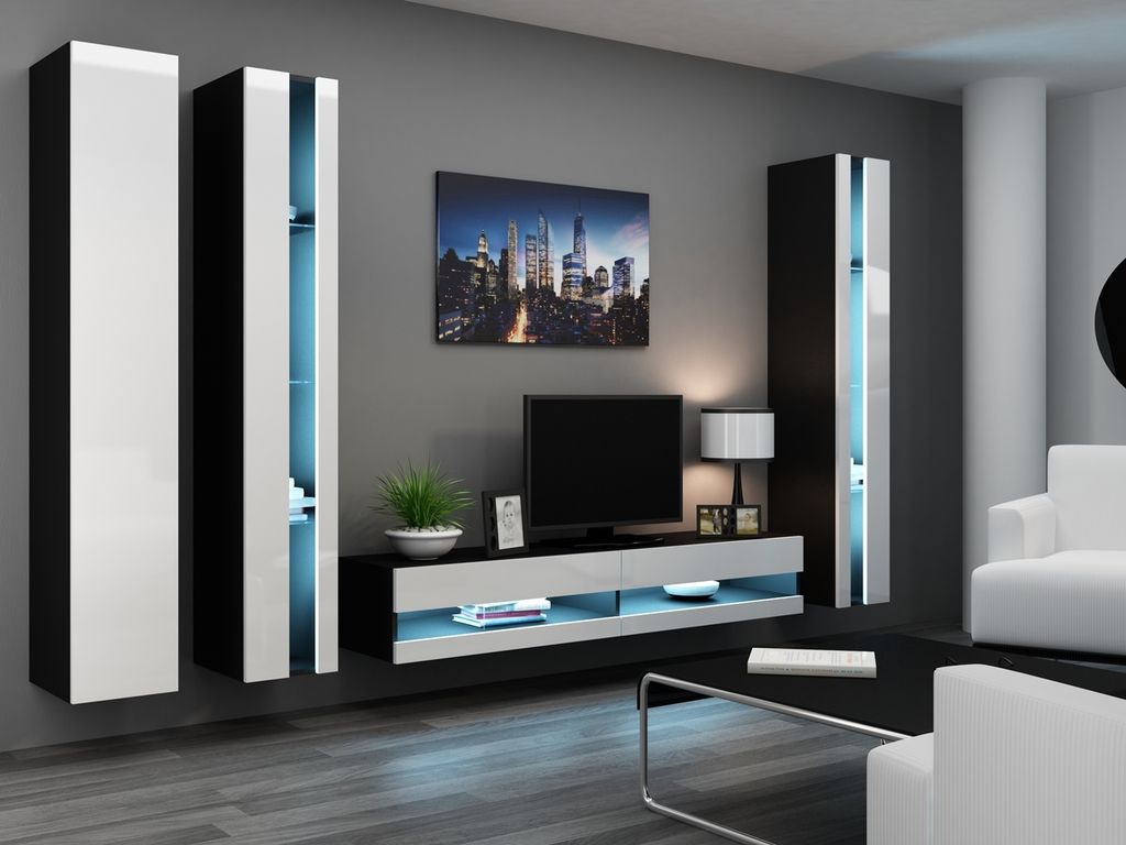 Wohnwand Schrankwand Wohnzimmer - Set VIGO NEW 6C schwarz / weiß Hochglanz 300cm breit Hängeschränke TV - Lowboard