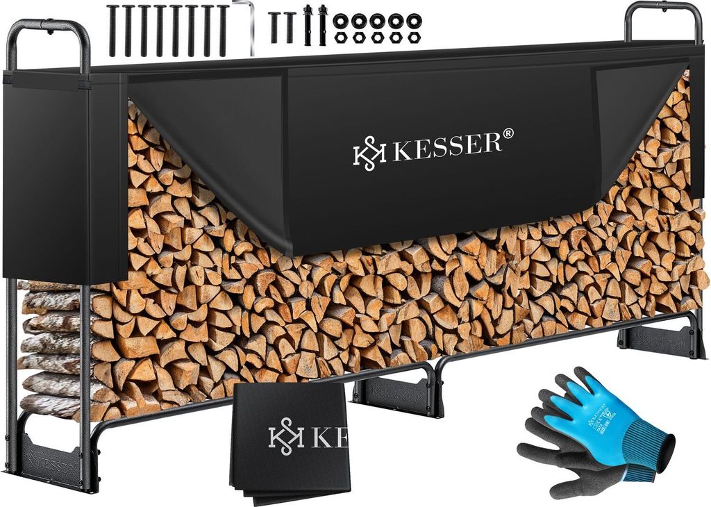 A firewood rack filled with logs, partially covered by a black tarp, with gloves and a folded tarp in the foreground.
