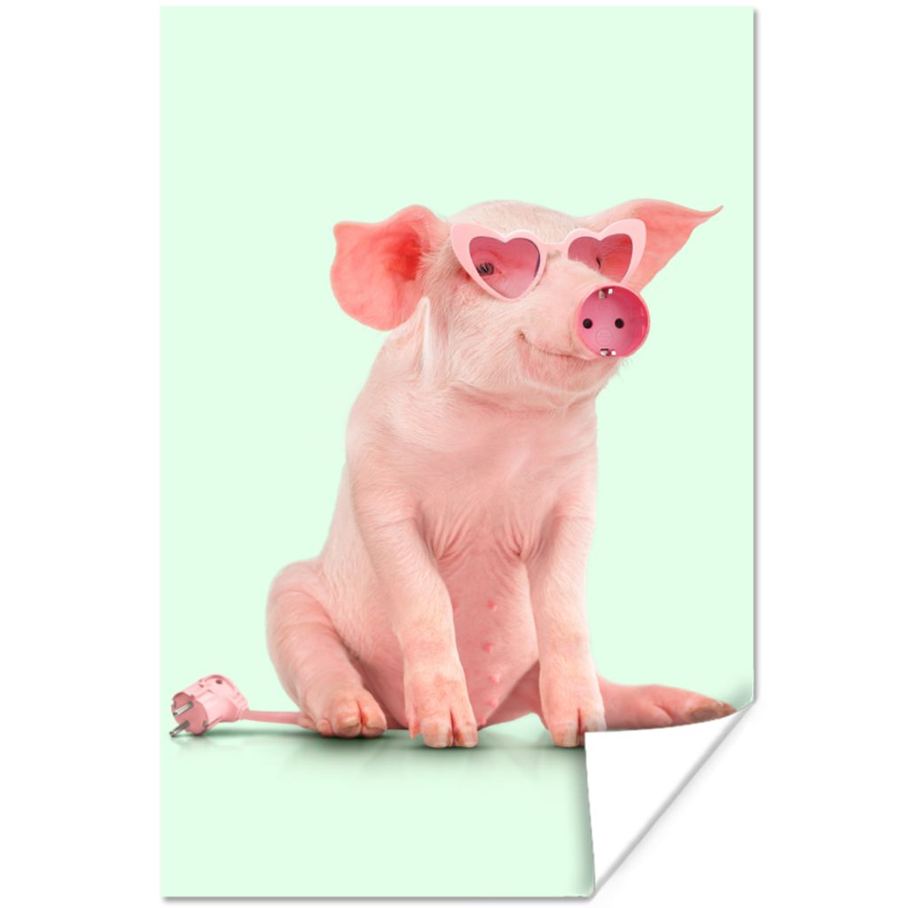 MuchoWow Poster Schwein - Rosa - Brille - Sockel - Tiere 120x180 cm - Kunstposter