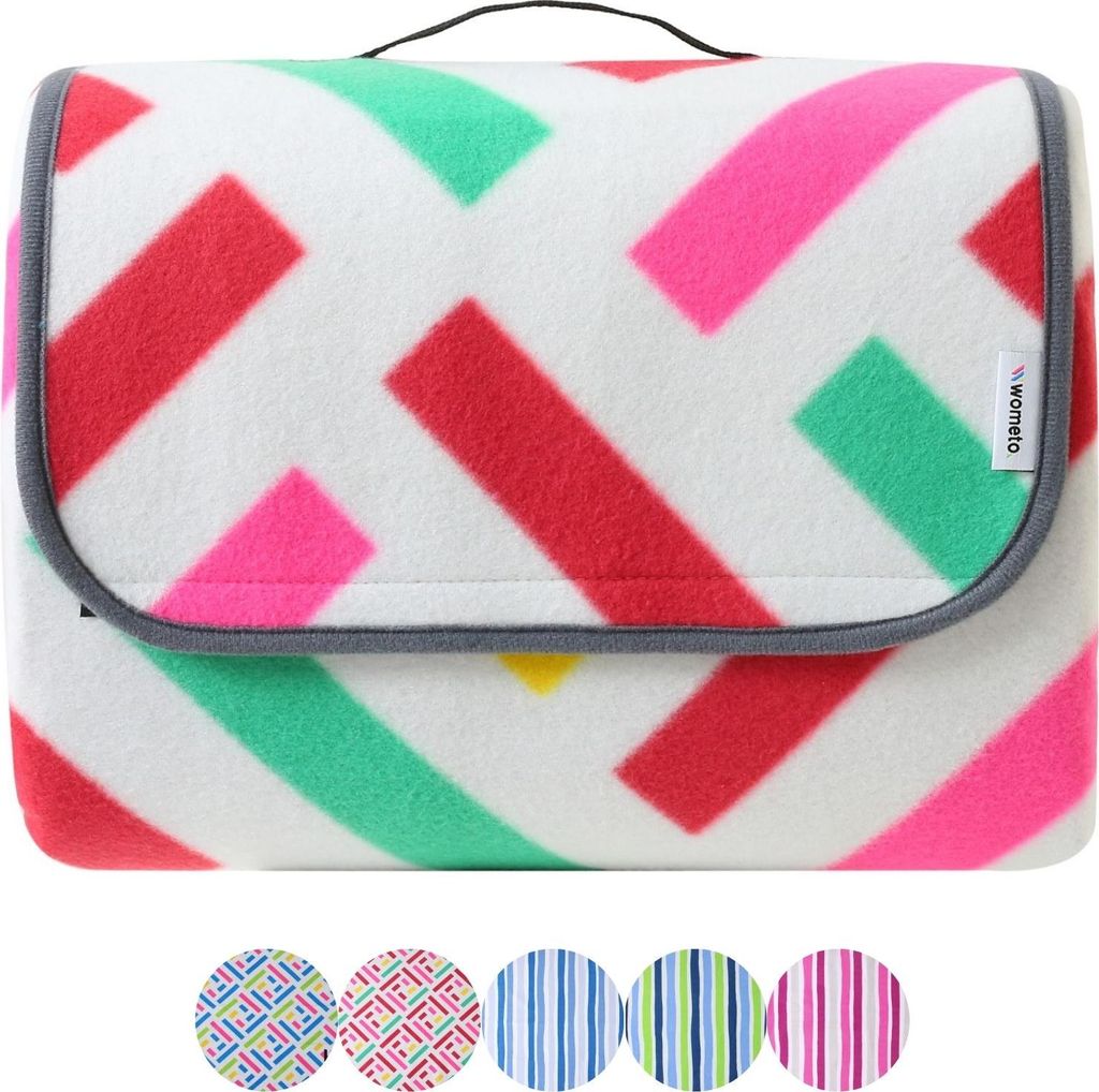 wometo eco-line Picknickdecke 100% recyceltes Fleece gesteppte Campingdecke XXL 200x200 Grafik pink mint isoliert wasserdicht waschbar