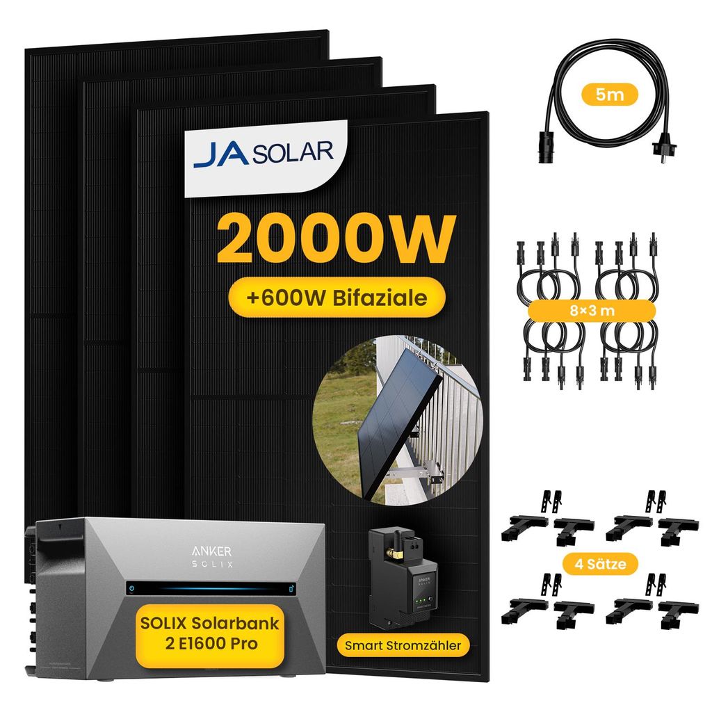 Powerness Balkonkraftwerk mit Speicher,Anker SOLIX E1600 Pro Speicher & 4x 500W Modulen mit Balkon Haken Halterung(4 Sätze,Schwarz) und Smart Meter