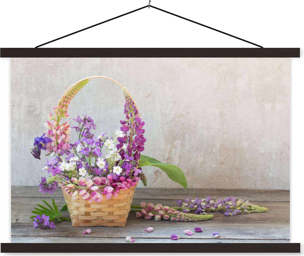 MuchoWow Textilposter Korb - Blumen - Stilleben 90x60 cm mit schwarzem Rahmen - Aufhängungssatz