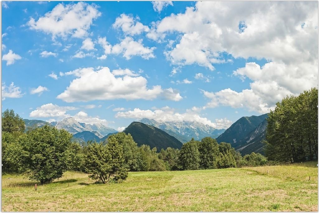 Wallario Wandbild Bergwiese in den Alpen, Größe: 61 x 91,5 cm, Poster mit rahmenlosen Bildhalter