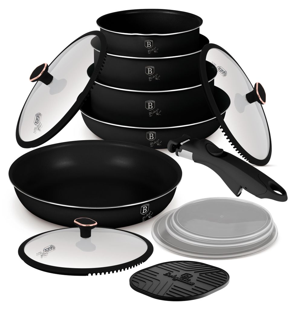 Berlinger Haus 13-teiliges Kochgeschirr-Set mit Töpfen und Pfannen aus Antihaft-Aluminium, backofenfest, induktionsgeeignet, platzsparend, schwarz...
