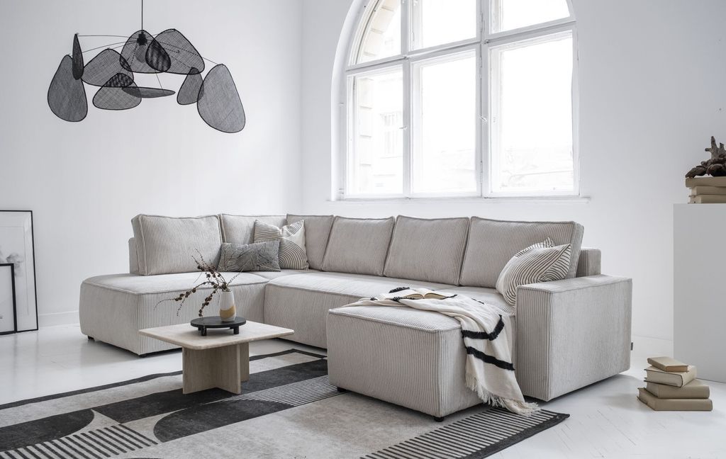 MIUFORM Brave Dave - Ecksofa mit Bettfunktion und Bettkasten U-FORM LINKS - 322x194cm - Beige - Sofa Schlafsofa Couch