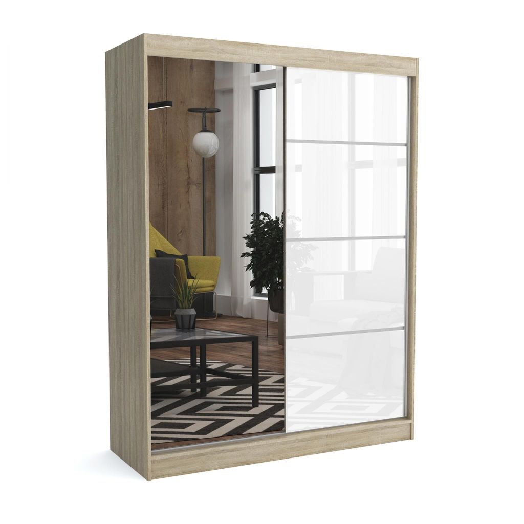 Brent - Kleiderschrank mit Spiegel Suzan, Schlafzimmerschrank mit 1 Kleiderstange und Einlegeböden für Kleidung, 160x215x60 cm, Sonoma Eiche