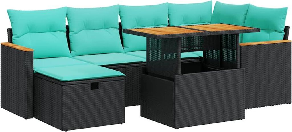 vidaXL 7-tlg. Garten-Sofagarnitur mit Kissen Braun Poly Rattan Akazie