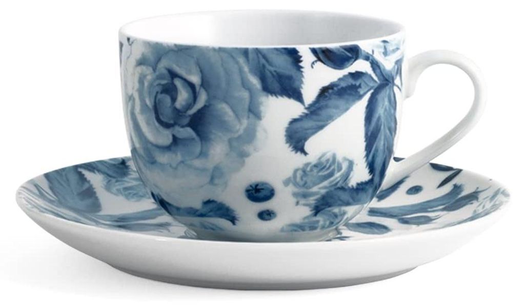 H&H – 6er-Set Porzellantassen mit Untertasse in Blaurose-Optik, CC220