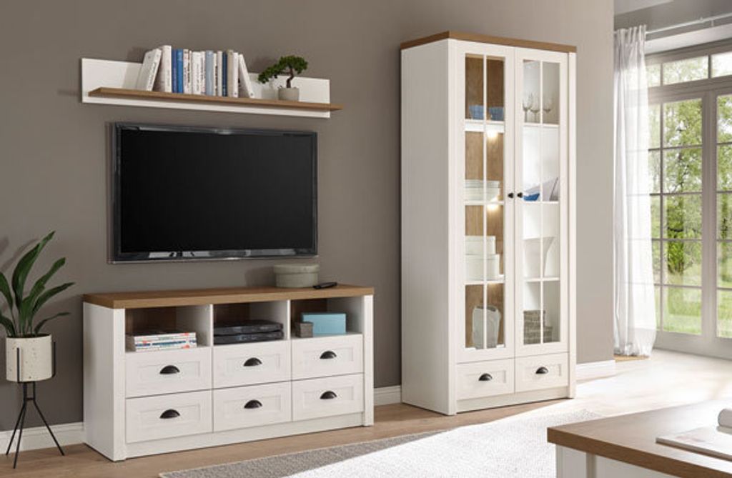 Landhaus Wohnwand Mediawand Anbauwand Wohnzimmer 220cm pinie weiß eichefarben hell