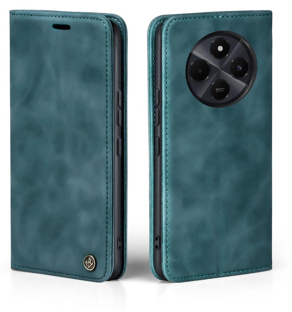 A teal flip case for a smartphone, shown from the front and back.