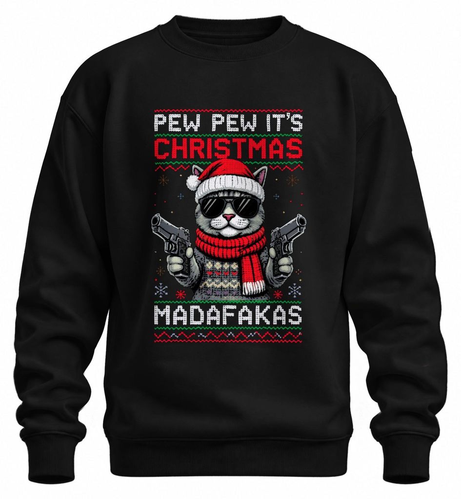 Pew Pew It's Christmas Madafakas Katze Pistolen Ugly Sweater Sweatshirt Pullover, Schwarz, 3XL
