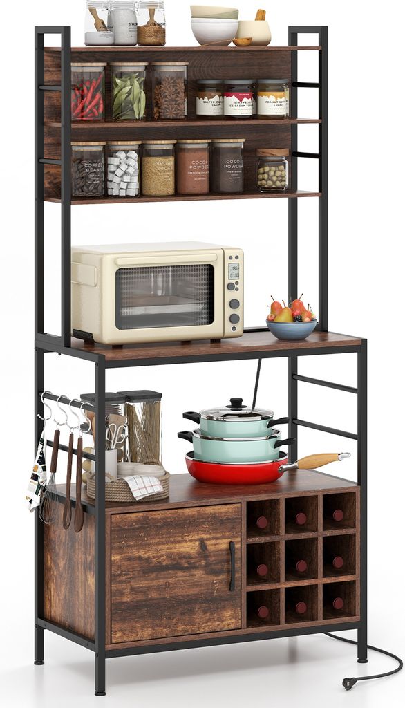 A kitchen baker's rack filled with various kitchen items.