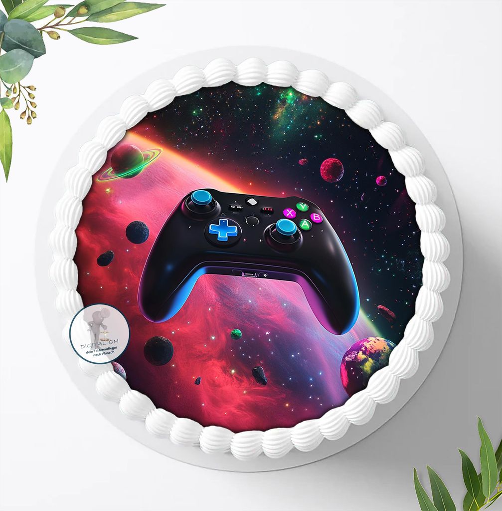Für die Geburtstags Torte ein Tortenaufleger, Zuckerbild mit dem Motiv: Gamer, Essbares Foto für Torten, Fondant, Ø 20cm, 2497z