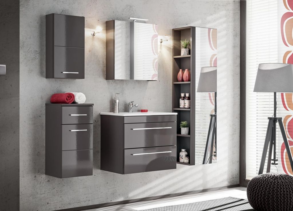 Design Badezimmer Möbel Bad Set Garnitur Schrank Waschbecken Beleuchtung 5 tlg.