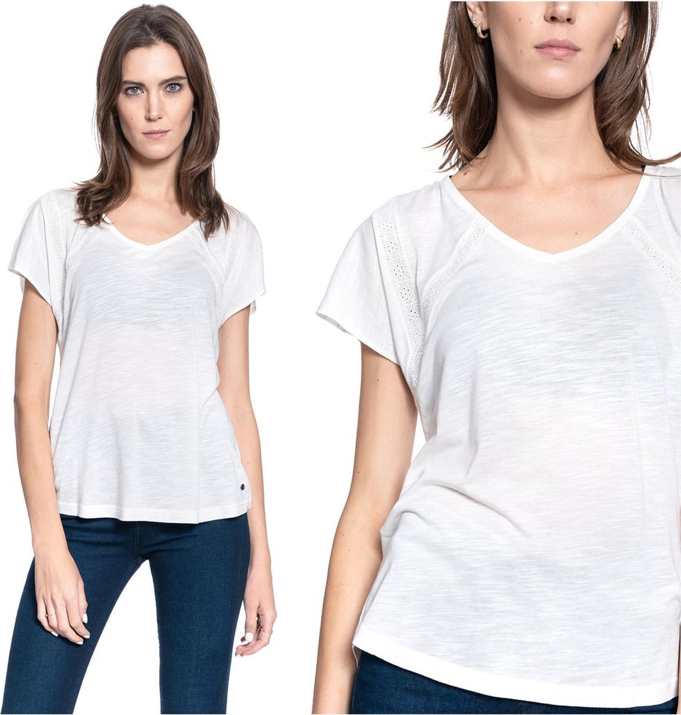 MUSTANG Damen, T-Shirt ALINA V LACE, S, Weiß, sport, tshirt, shirt