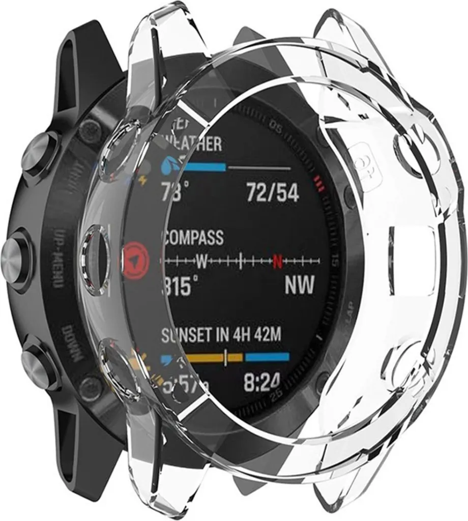 Custodia subtel TPU compatibile con Garmin Fenix 6 / Fenix 6 Pro / Fenix 6 Solar 47mm protezione, bumper per smartwatch bracciale fitness, Trasparente, assorbe urti, evita danni e costose riparazioni
