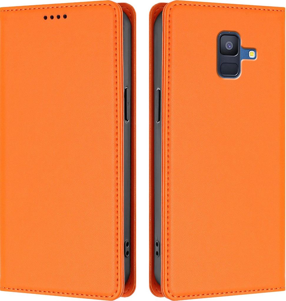Handyhülle für Samsung Galaxy A6 2018, Kunstleder Klapphülle Stoßfeste Magnetische Hülle mit Ständer Orange