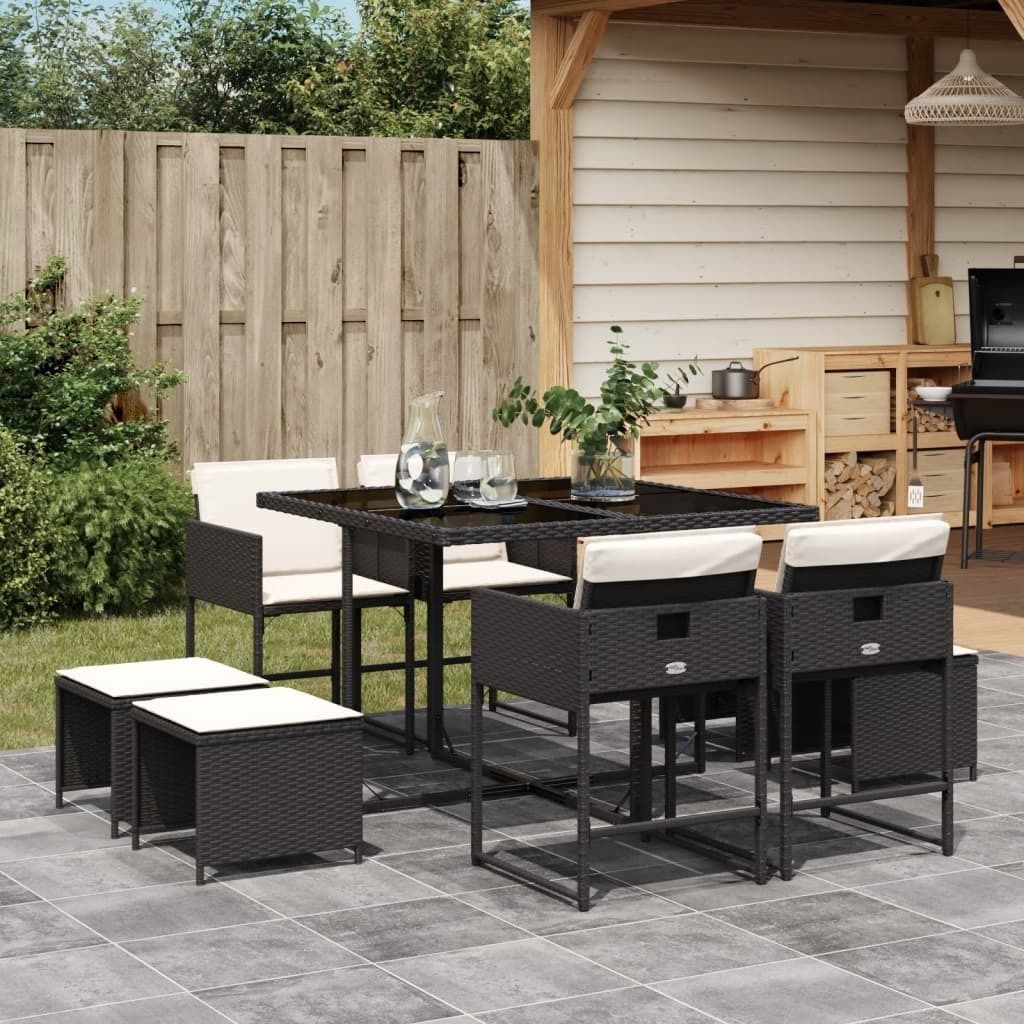 "Rabatt" 9-tlg. Garten-Essgruppe - mit tishe & Stuhl - mit Kissen Schwarz Poly Rattan - Lounge-Dining set CC9363