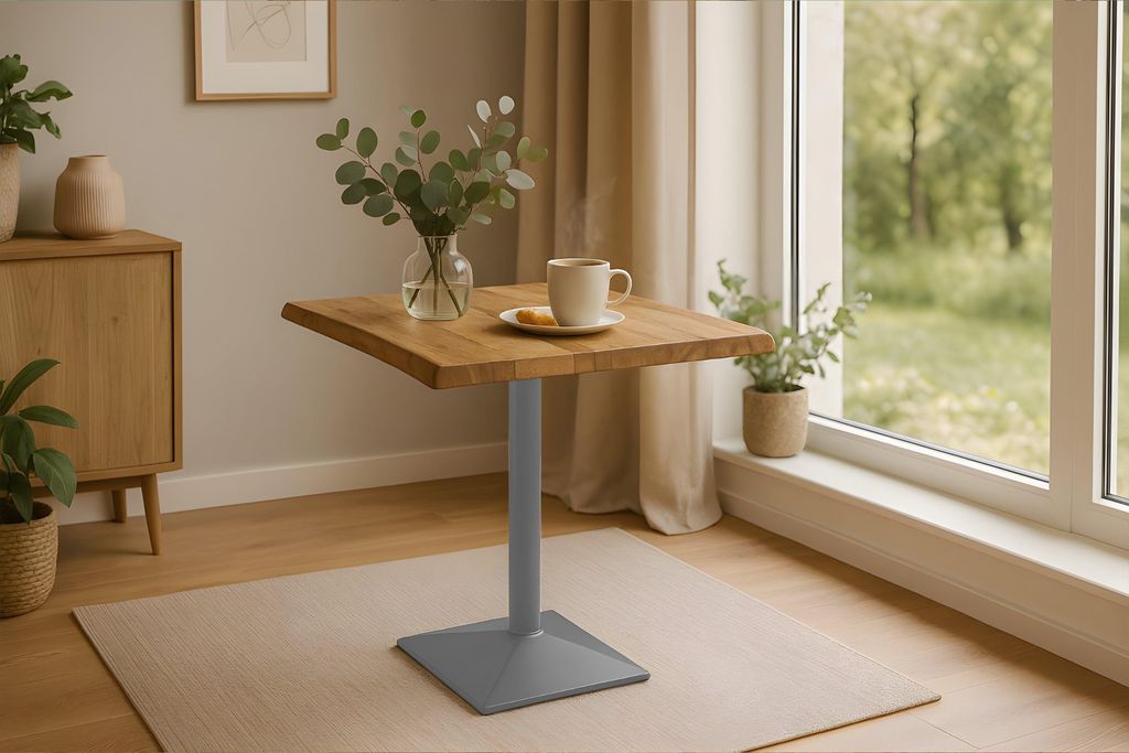 Bistrotisch Baumkante massiv 60 x 60 cm Mango rough Säulengestell silber INES