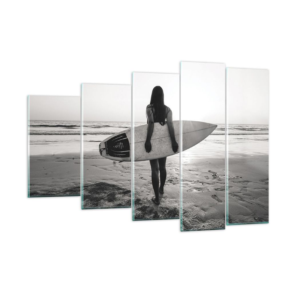 Bilder auf glas - 5 Teile - Frau Strand Surfen - 150x100cm - Glasbilder - Wandbilder - Bilder - zum Aufhängen bereit - Wanddekoration aus Glas - G...