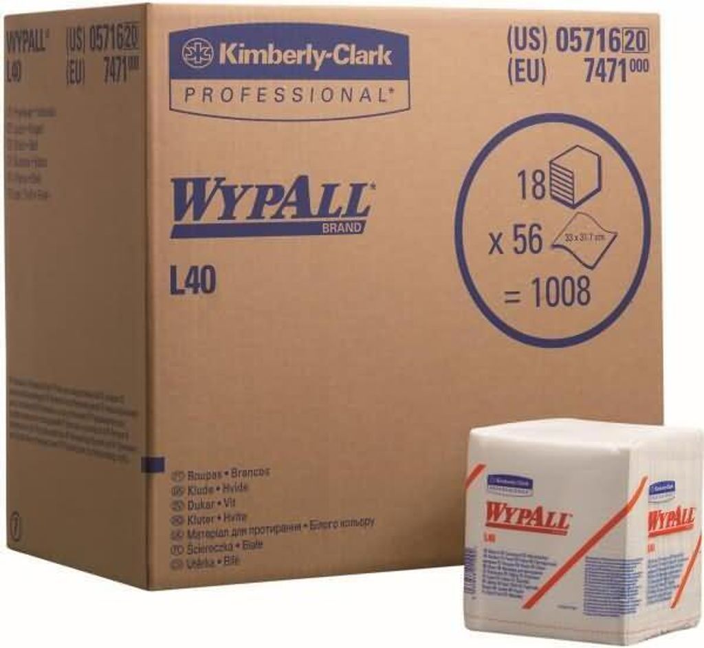 WYPALL L40 7471 Wischtücher - Viertelgefaltet - 18 Beutel x 56 Tücher = 1008 Tücher - Größe 30,50cm x 31,80cm - Farbe weiß