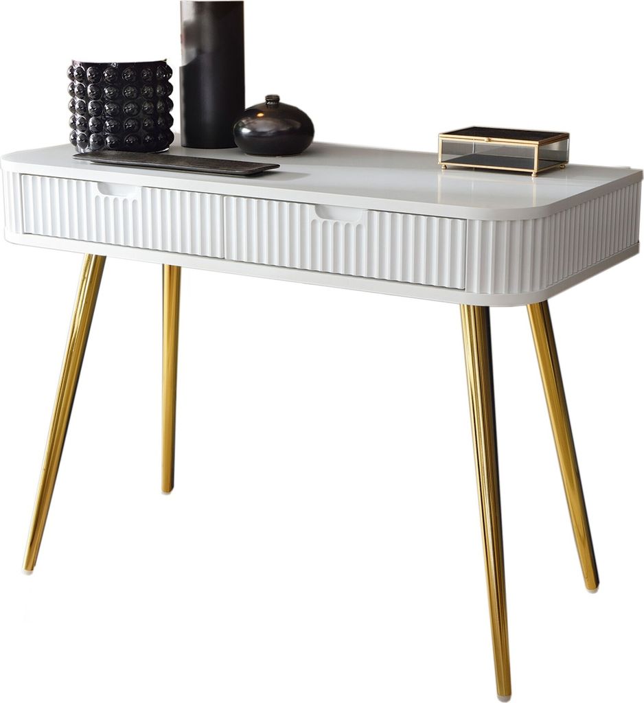BETTSO Schminktisch Konsolentisch Schreibtisch mit Schubladen geriffelte Fronten auf goldenen Beinen ZOVA Weiß