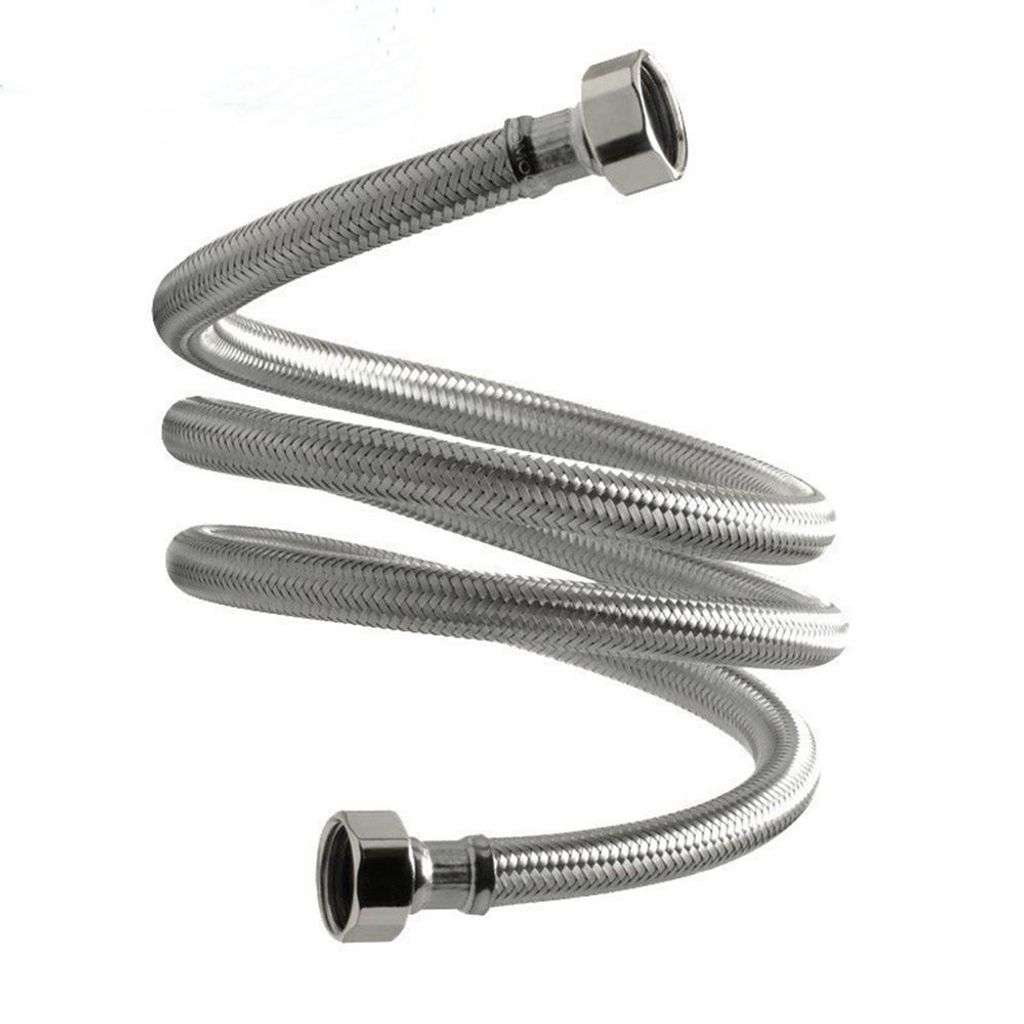 A coiled flexible metal hose with connectors on both ends, isolated on a white background.