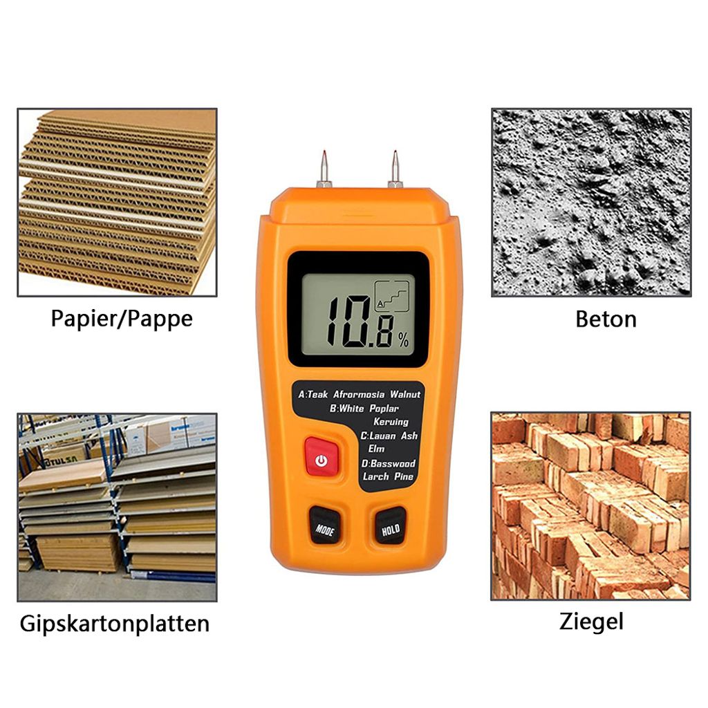 Feuchtigkeitsmessgerät für Holz Baustoffe Holzfeuchtemessgerät LCD Detektor 
