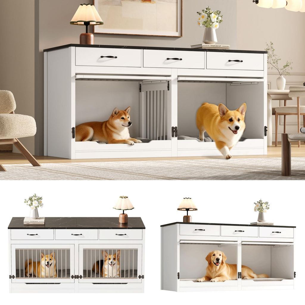 Flieks Hundehütten mit 3 Schubladen und 2 Türen, Hundebox Hundehaus mit herausnehmbarer Trennwand, Hundekäfig für 2 Hunde, XXL, 164x60x81cm, Sc...