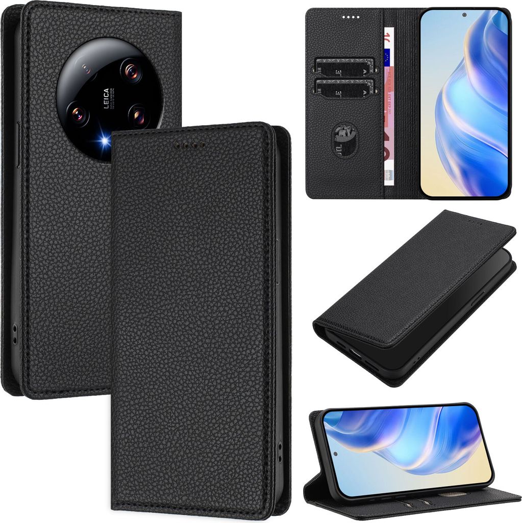Litchi Leder Handyhülle für Xiaomi 13 Ultra Wallet Kartenfächer Standfunktion Hülle Schwarz