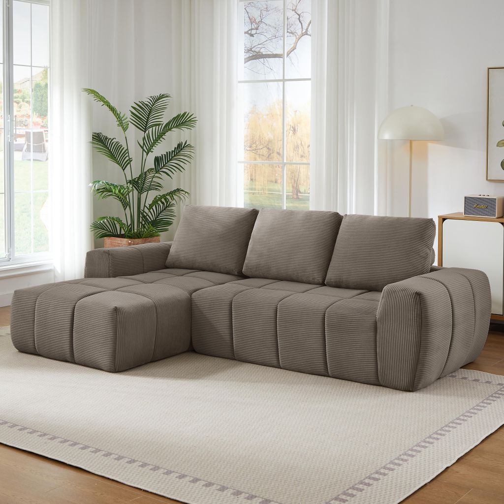 MODFU Big Sofa,L-förmiges Ecksofa mit mit abnehmbaren Kissen und linker Chaiselongue,Loungesofa mit Segmentiertes Design,Cord,Taupe